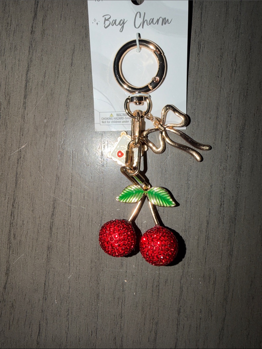 Gold Cherry Bag Charm with Red Crystal Cherries